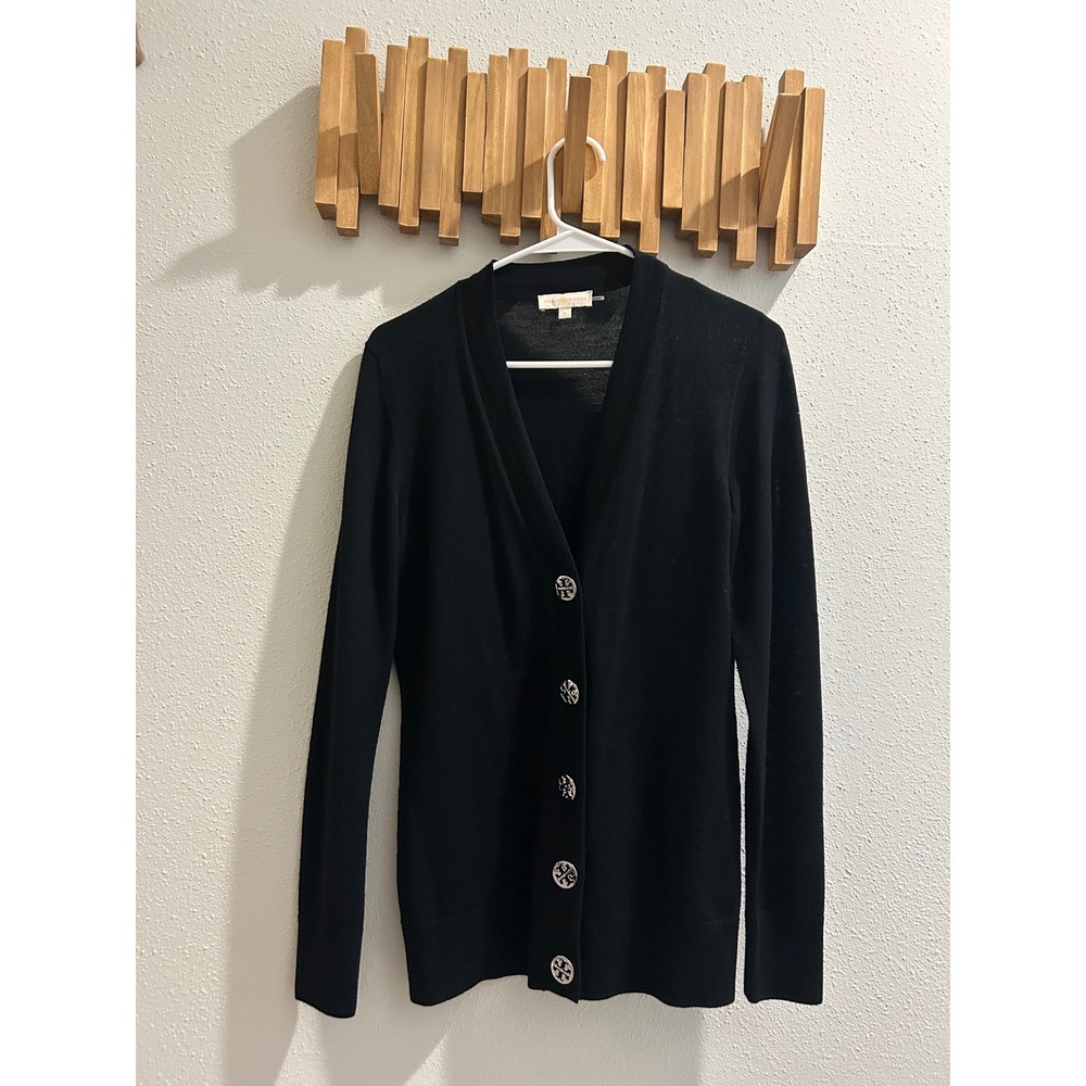 Tory Burch Black Button Front Cardigan Sweater V-Neck Logo Silver Buttons Size S